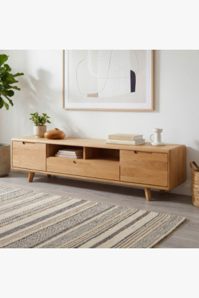 Fából készült natúr tölgy TV-komód skandináv dizájnnal, olaj-viasszal